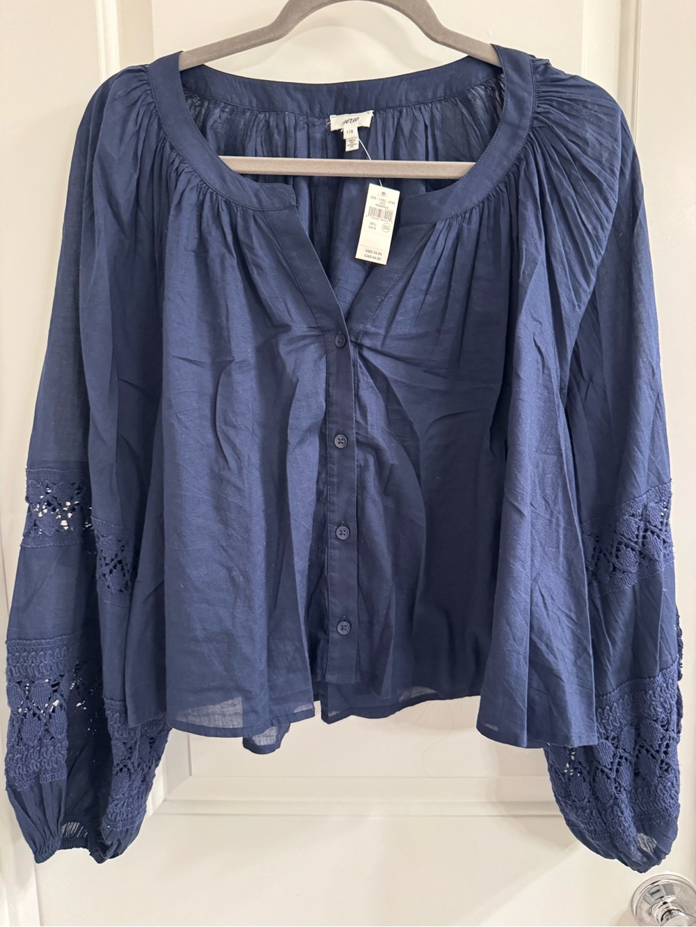 aerie Navy Blue Button-Front Peasant Blouse with Crochet Sleeves